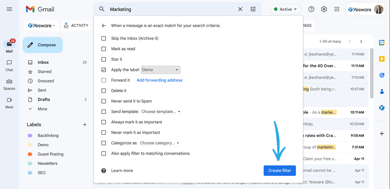 How to automatically label an email based on search criteria: Step 5