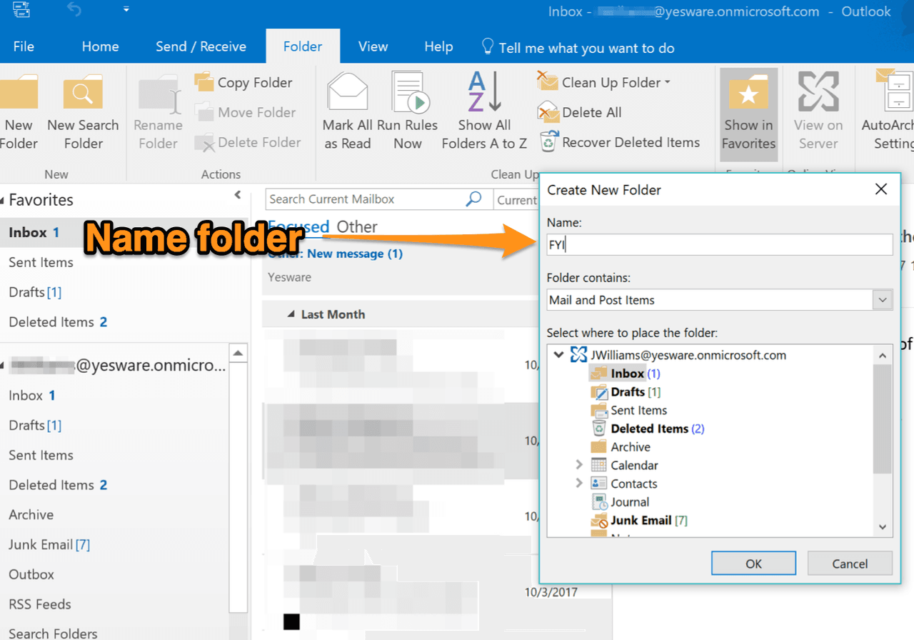 how to create folders in outlook