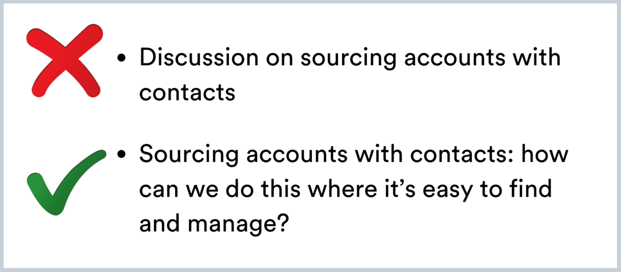 Sales Meeting Ideas: list agenda topics as questions