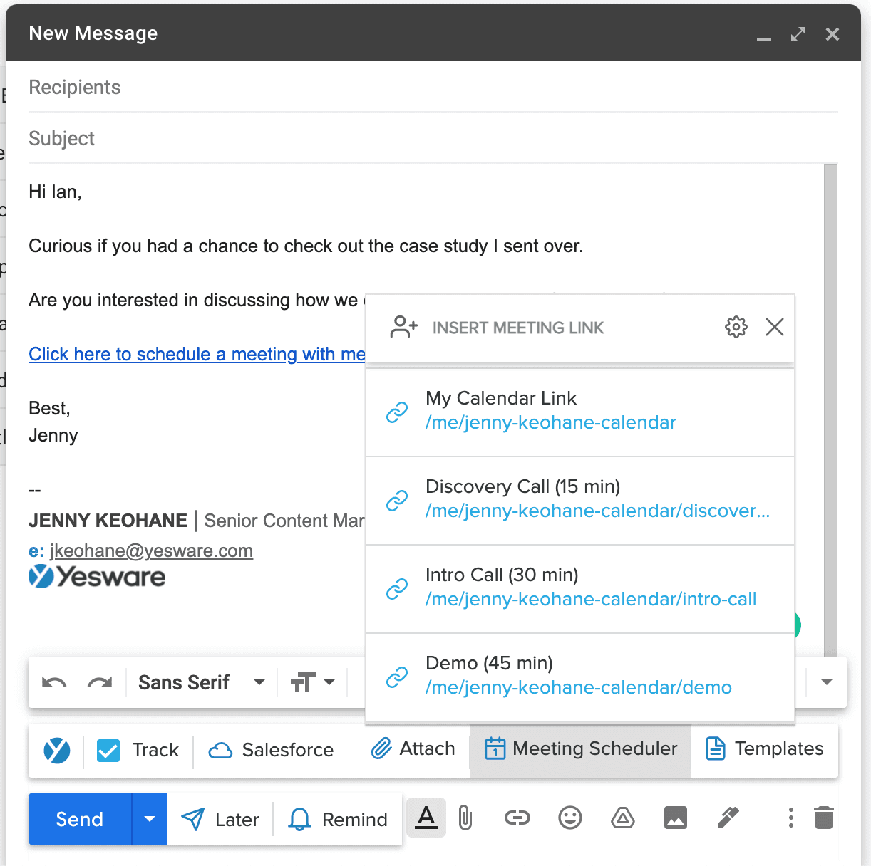 Meeting Schedule Emails: Yesware Meeting Scheduler