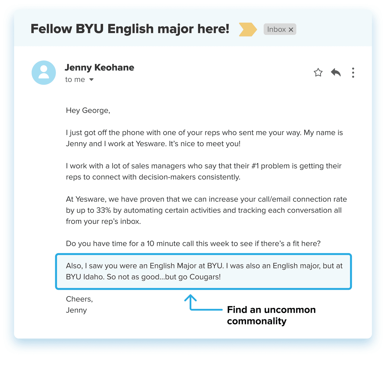 personalized email example: uncommon commonality