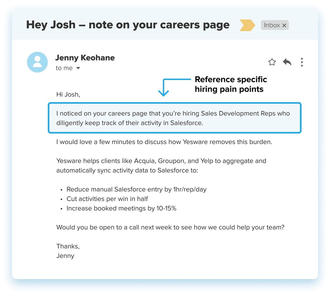 personalized email example: hiring pain points