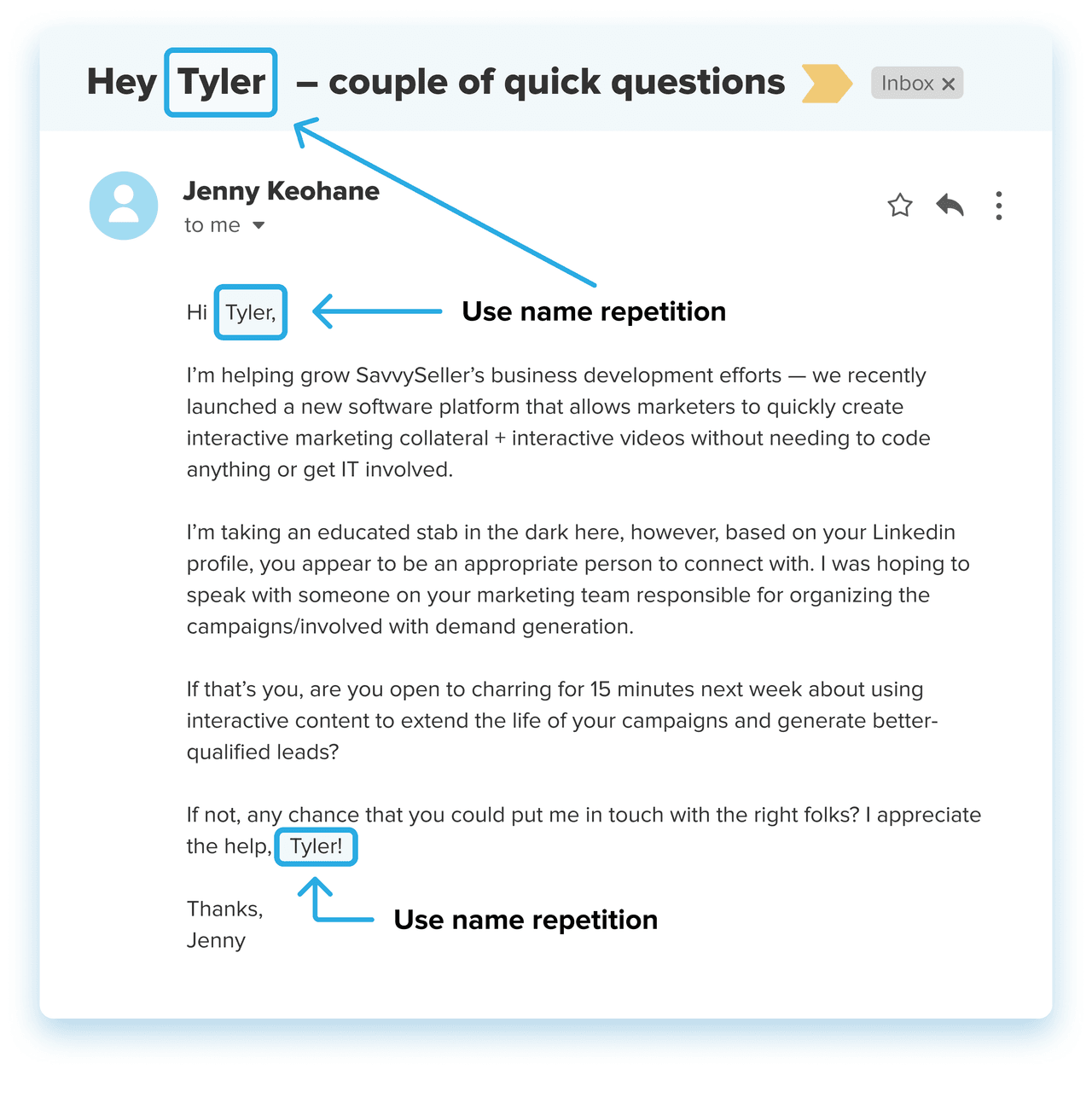 personalized email example: use name repetition