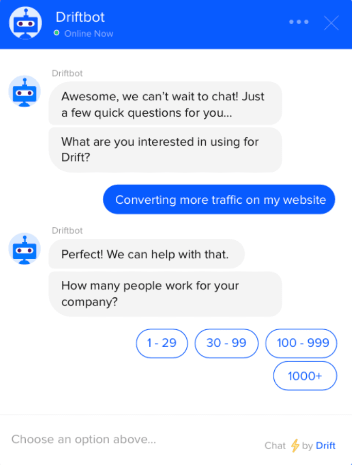 B2B lead generation example: Drift chatbots