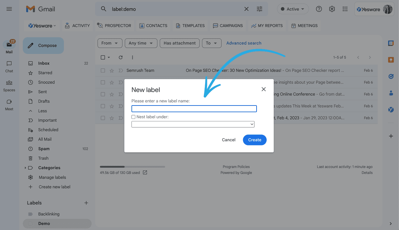 How to create folders in Gmail: Step 3