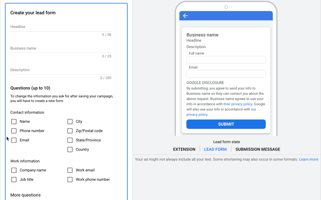 lead data: Google Ads lead form