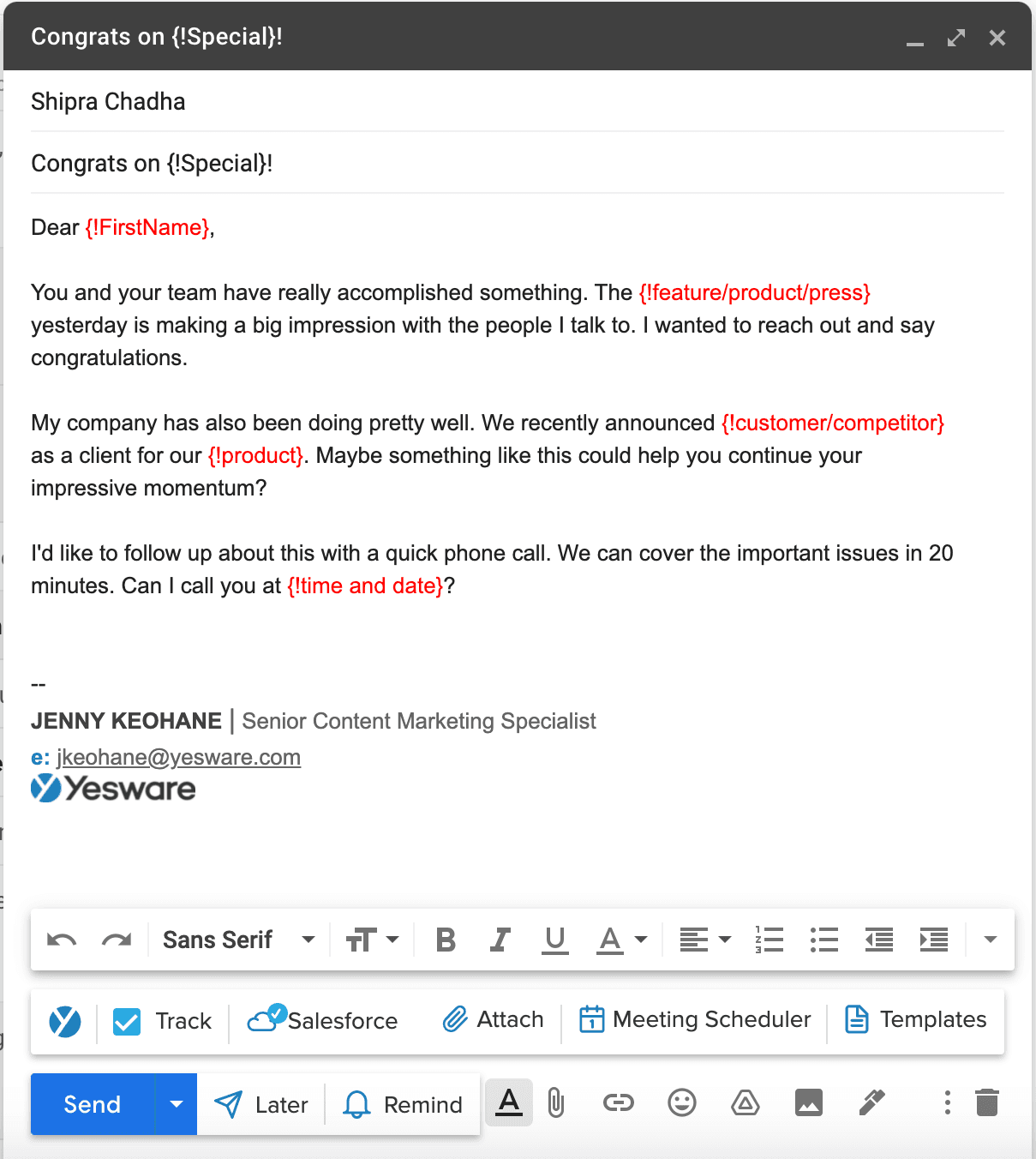 sales email templates: merge fields