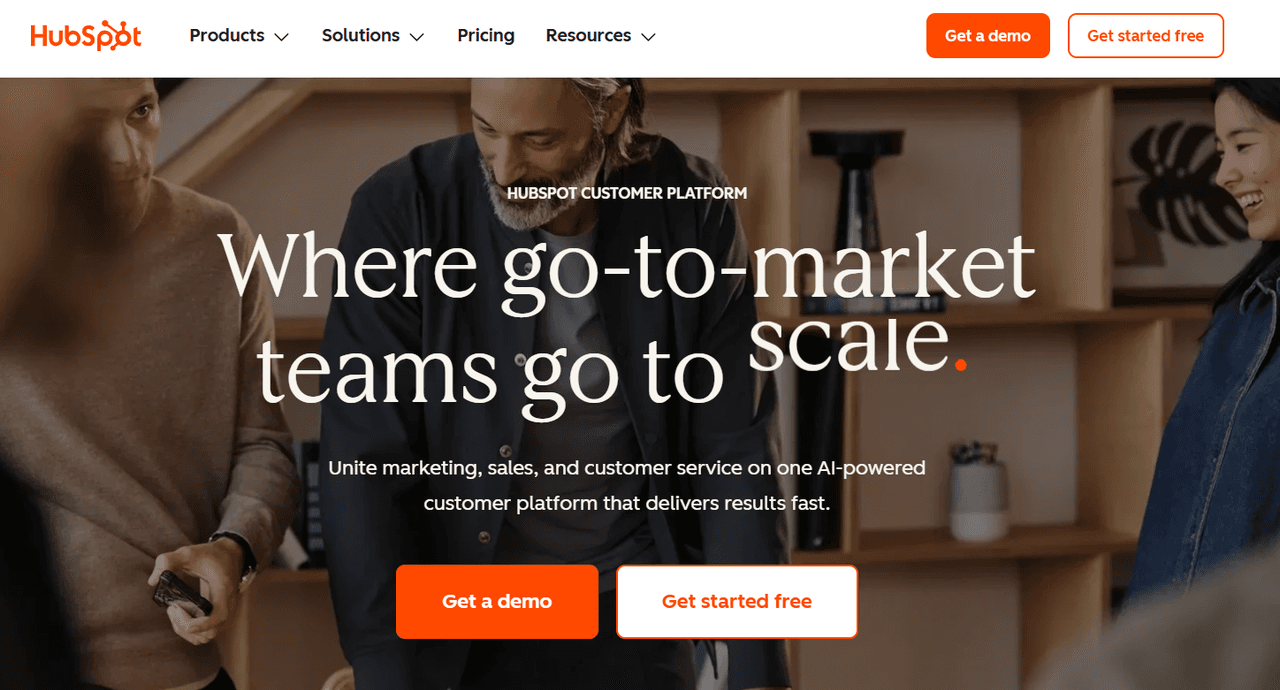 HubSpot customer platform homepage featuring integrated marketing, sales, and service tools for scaling go-to-market teams.