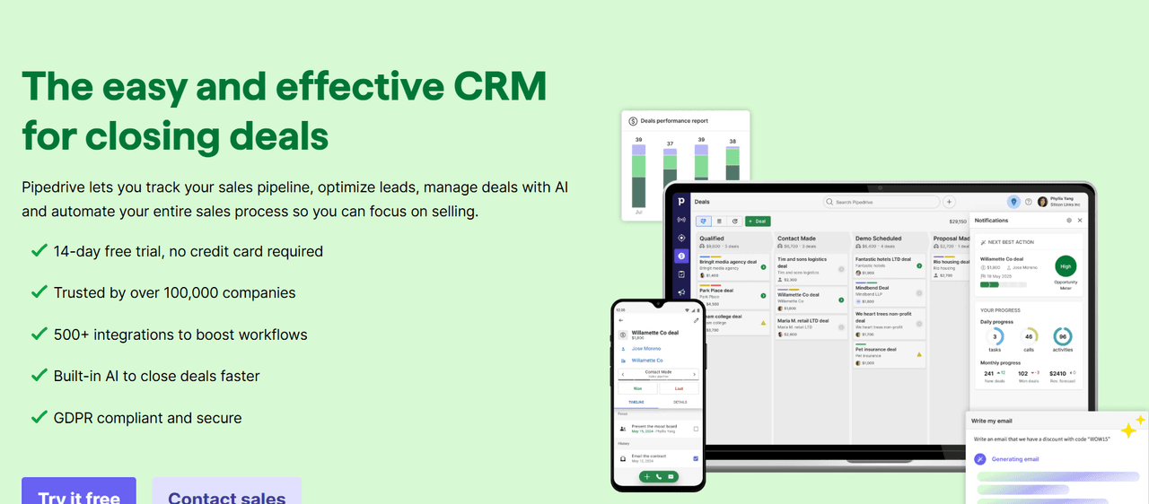Pipedrive CRM dashboard on desktop and mobile showing visual sales pipeline tracking and AI-powered deal management.