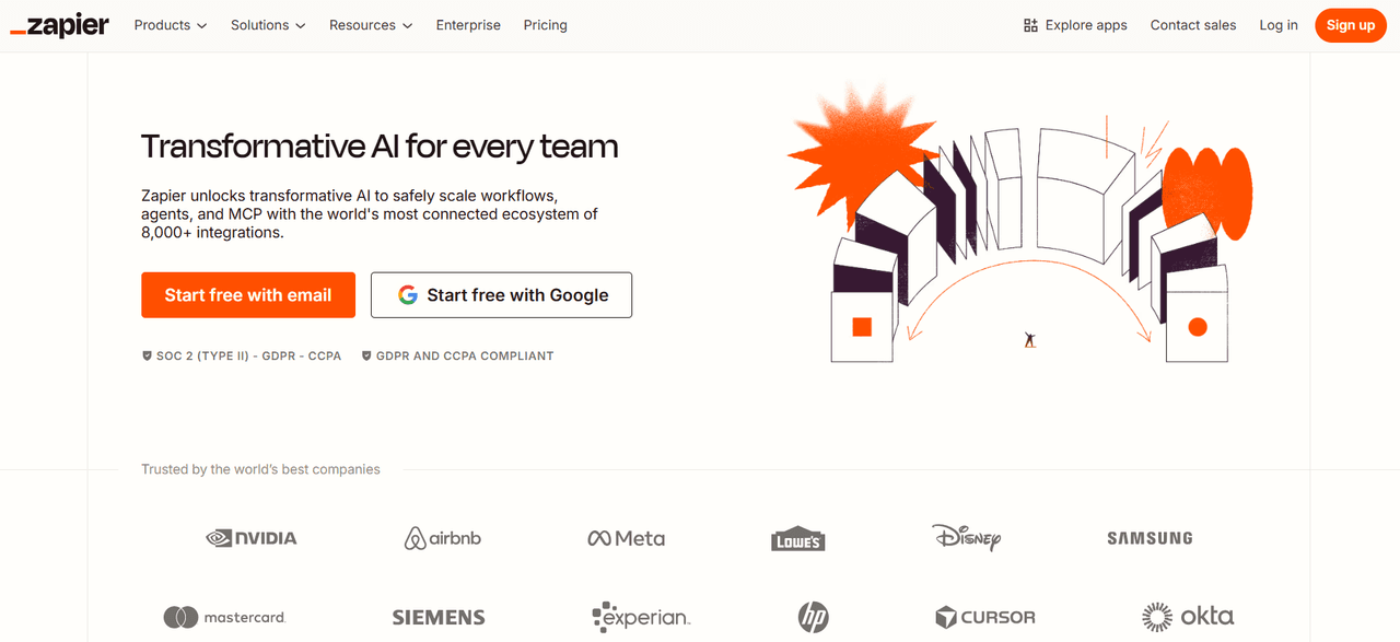 Zapier integration dashboard highlighting automated workflows and AI agents connecting over 8,000 different business applications.