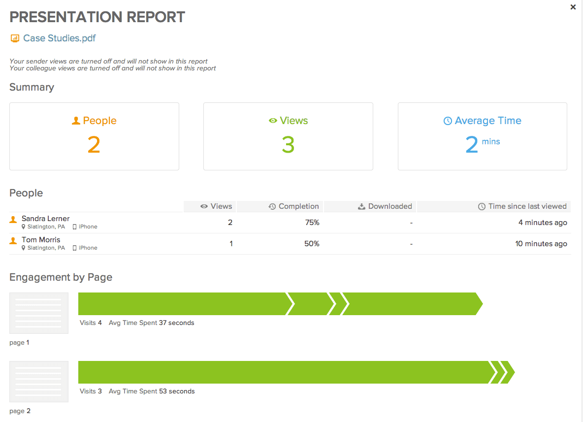 Analytics report showing recipient engagement and page-by-page viewing time for shared sales documents.